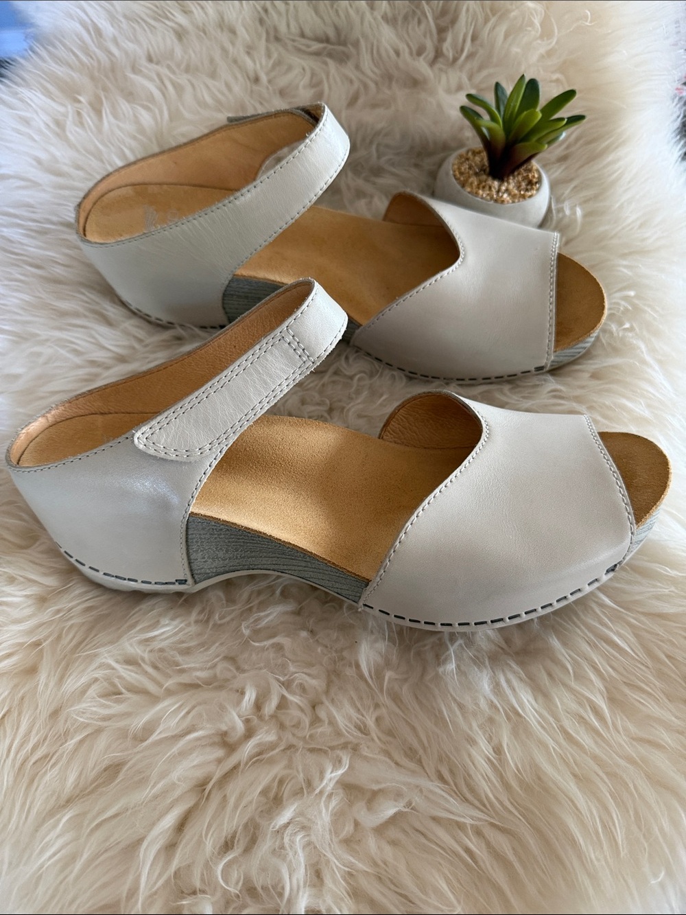 Dansko Tracy Wedge Clog Sandals Ivory Burnished Calf Leather EUC
